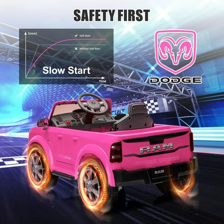Ram Ride on Car Toys, 12V RAM 2500 Powered Ride on Toy Truck with Remote Control, Electric Car for Kids Girls 3-5 w/ Bluetooth, Rear Storage Trunk, Safety Belt, Rear Wheel Suspension, Pink
