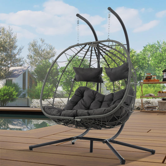 Double Egg Swing Chair with Stand, 2 Persons Hanging Egg Chair, 600LBS Capacity Indoor Outdoor Wicker Basket Oversized Hammock Chair for Backyard Balcony Bedroom, Gray Wicker+Dark Gray Cushion