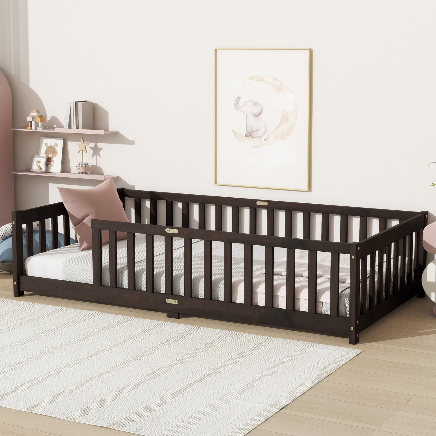 Sesslife Twin Montessori Floor Bed, Twin Size Floor Bed with Fence Without Door, Toddler Bed with Salts, Safety Guardrails, No Box Spring Needed, Twin Bed for Kids Girls, Boys, White
