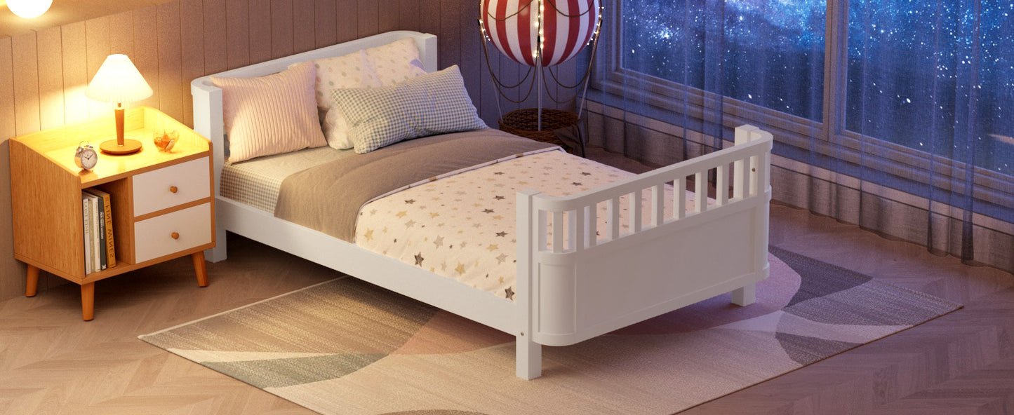 Sesslife Toddler Bed, Wood Twin Platform Bed Frame, Twin Size Bed Frame with Salts and Safety Fence for Boys Girls, Low Profile Bed Twin with Removable Guardrail, No Box Spring Needed, White
