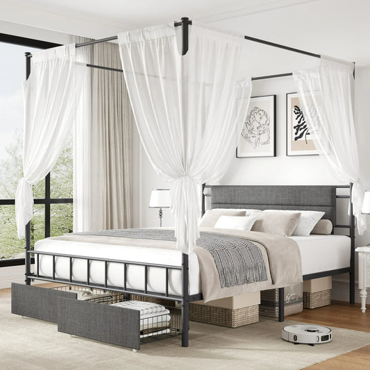 Sesslife Queen Canopy Bed Frame with Upholstered Headboard, Modern Metal Platform Bed with 2 Storage Drawers, Canopy Bed Curtain Not Included, Large Under Bed Space, No Box Spring Needed, Gray+Black