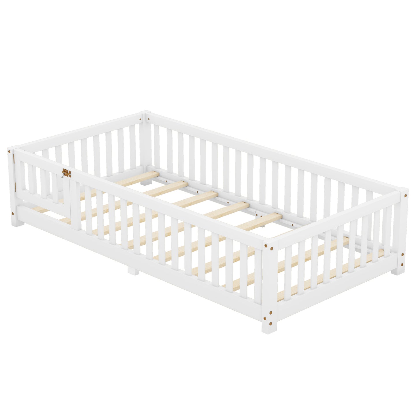 SESSLIFE Twin Size Floor Bed with Fence and Door, Wood Toddler Bed with Safety Guardrails and Slats, Montessori Bed, Twin Bed Frame for Kids, Boys, Girls, No Box Spring Needed, White