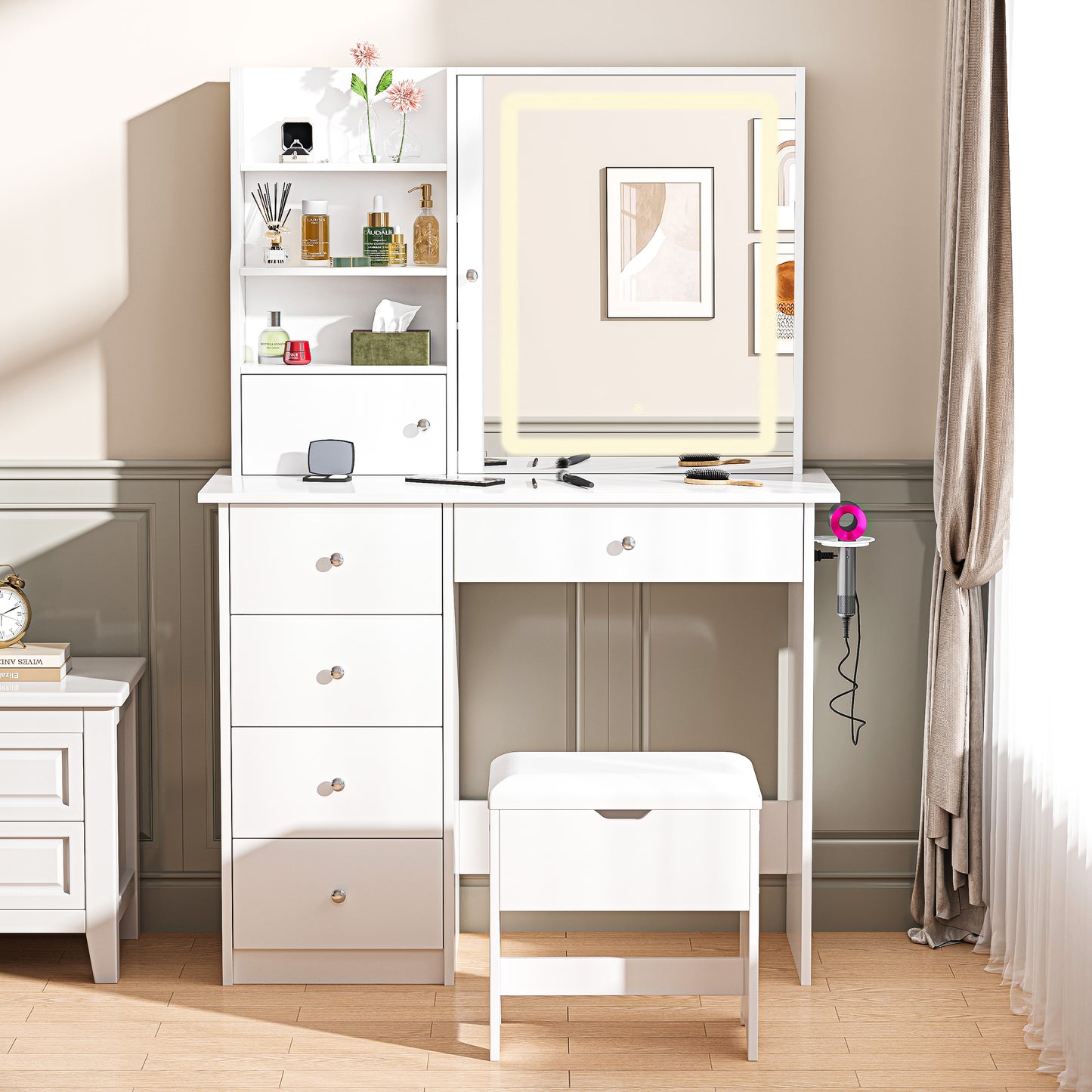 SESSLIFE Vanity Set with Mirror and Lights, Makeup Vanity Desk with Charging Station and Storage Stool, Modern Dressing Table with 4 Drawers, 3 Open Shelves, Makeup Desk Set for Women Girls, Black