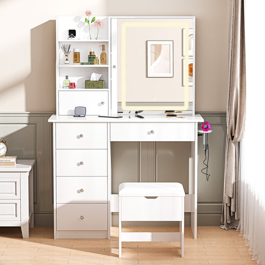 SESSLIFE Vanity Set with Mirror and Lights, Makeup Vanity Desk with Charging Station and Storage Stool, Modern Dressing Table with 4 Drawers, 3 Open Shelves, Makeup Desk Set for Women Girls, Black