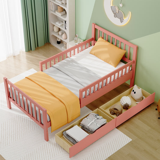 PORKISS Wood Platform Bed with Storage, Twin Size Bed Frame with 2 Drawers and Guardrails, No Box Spring Needed, Pink