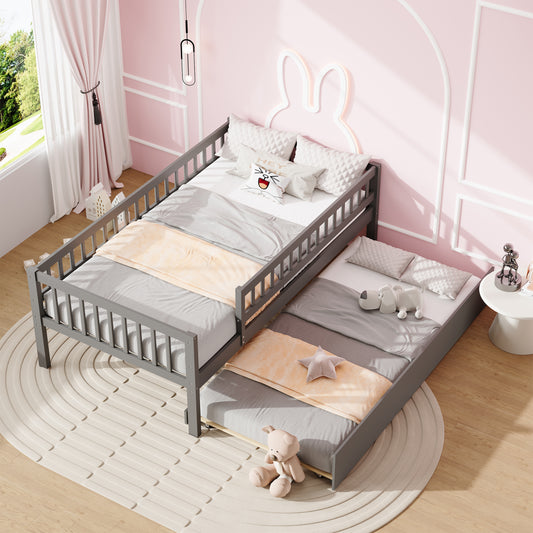 PORKISS Twin Bed Frame with Trundle and Fence Guardrails, Wood Platform Bed for Boys Girls, No Box Spring Needed, Gray