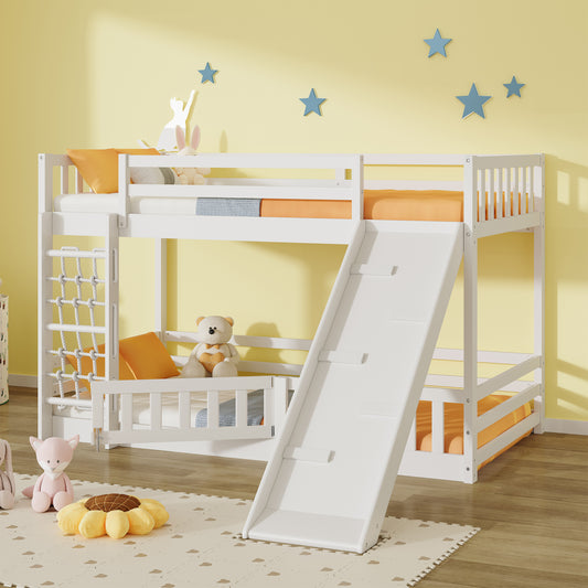 PORKISS Bunk Bed Twin over Twin with Climbing Nets and Climbing Ramp, Kids Low Floor Bunk Bed, Solid Wood Bed Frame, White