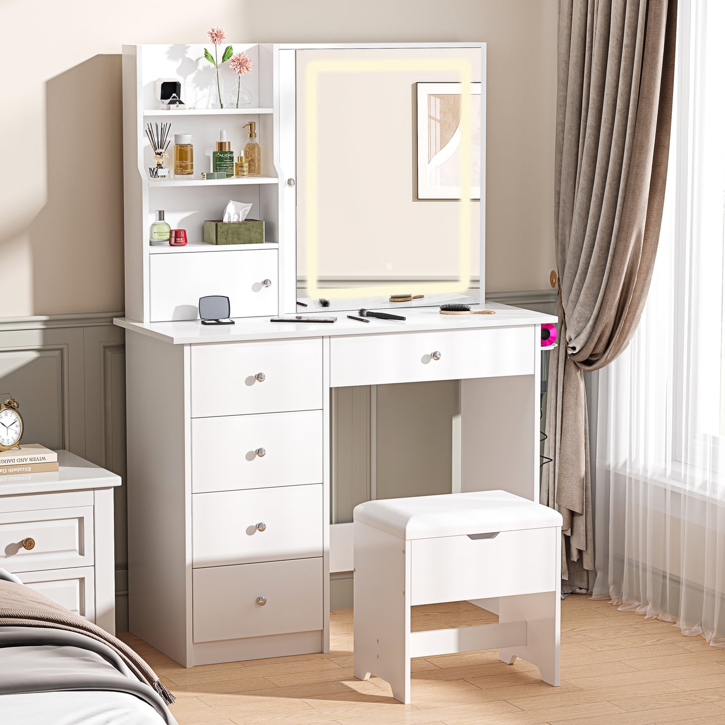 SESSLIFE Vanity Set with Mirror and Lights, Makeup Vanity Desk with Charging Station and Storage Stool, Modern Dressing Table with 4 Drawers, 3 Open Shelves, Makeup Desk Set for Women Girls, Black