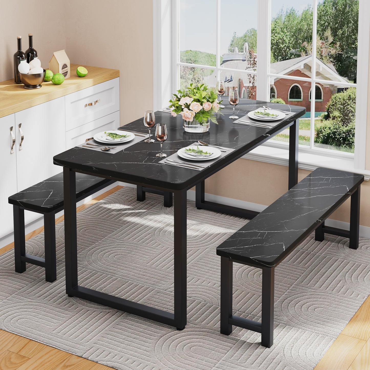 PORKISS Dining Table Set for 4, Dining Room Set with Kitchen Table and 2 Benches, 47" Rustic Brown & Black