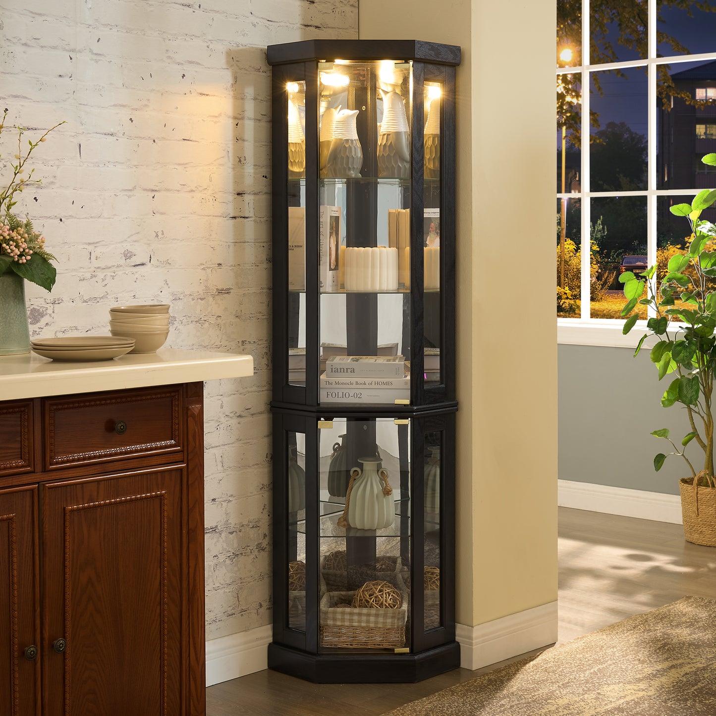 SESSLIFE 70" Lighted Corner Curio Cabinet with Mirrored Back, 5 Tempered Glass Shelves Adjustable, Anti-Tip Device Tall Glass Display Cabinet for Collectibles, Easy Assembly, Black