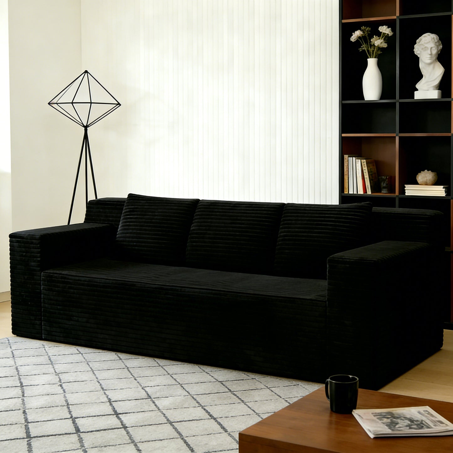 SESSLIFE Corduroy 3 Seater Sofa Couch, Deep Seat Comfy Loveseat Sofa with Foam Cushion, No Assembly Required Couch for Apartment, Bedroom or Studio Living, Black