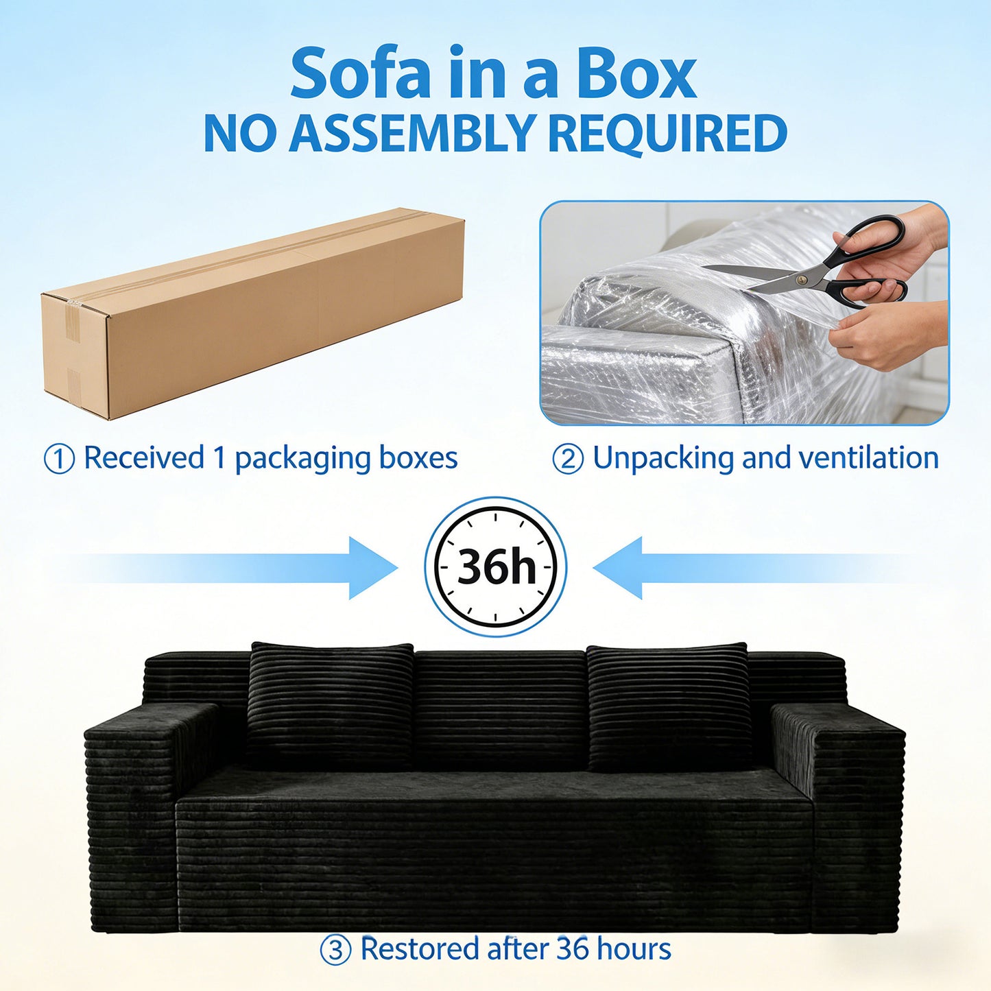 SESSLIFE Corduroy 3 Seater Sofa Couch, Deep Seat Comfy Loveseat Sofa with Foam Cushion, No Assembly Required Couch for Apartment, Bedroom or Studio Living, Black