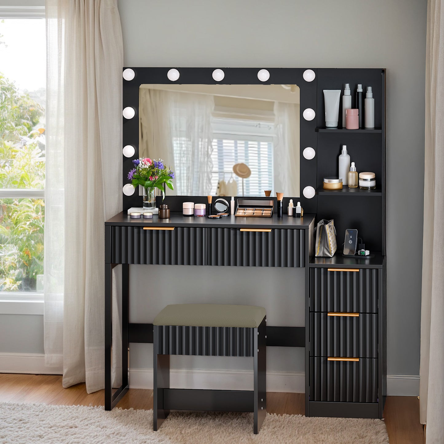 SESSLIFE Professional Lighted Vanity Desk with Mirror and Power Station, Space-Saving 5-Drawer Dressing Table, Adjustable 3-Color LED Makeup Vanity, Black