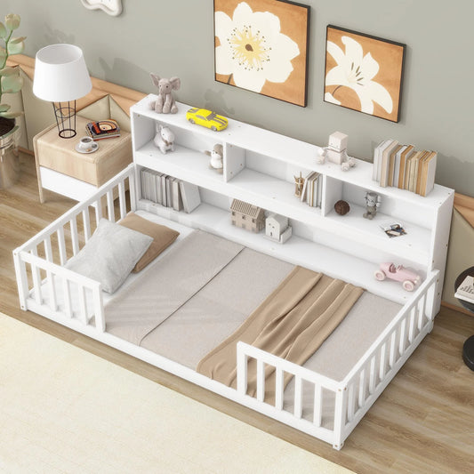 PORKISS Twin Size Floor Bed, Kids Wood Bed with Shelves, Fence, Wood Montessori Floor Bed, White