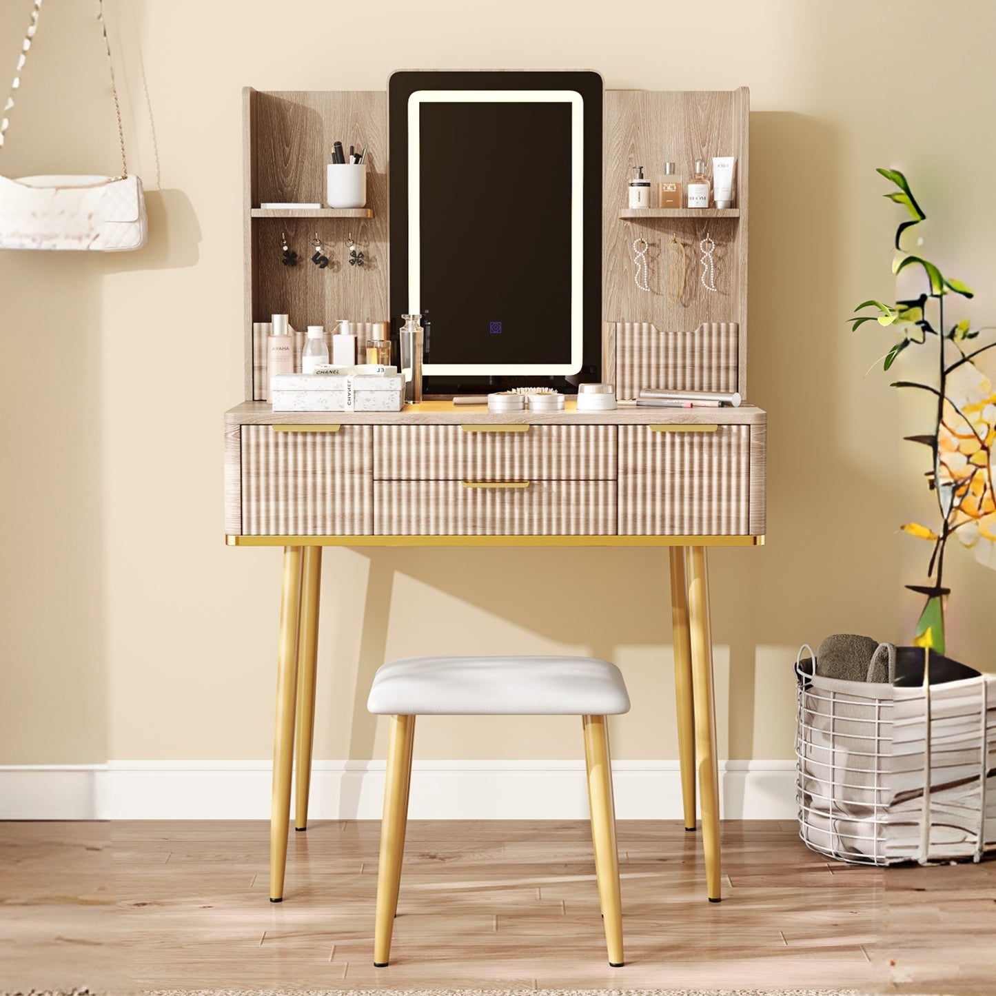 Vanity Table with Mirror and PU Stool, SESSLIFE 4-Drawer Carved Makeup Desk with LED Lighting, Elegant Dressing Table for Bedroom, Compact Design, Yellow Brown