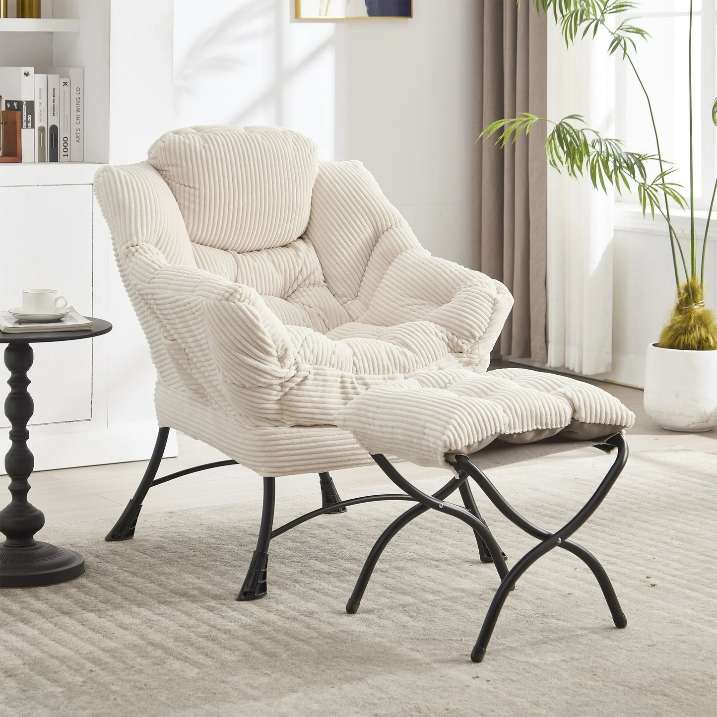 PORKISS Accent Chair with Ottoman, Modern Soft Flannelette PP Cotton Lazy Sofa Armchair for Small Space, White