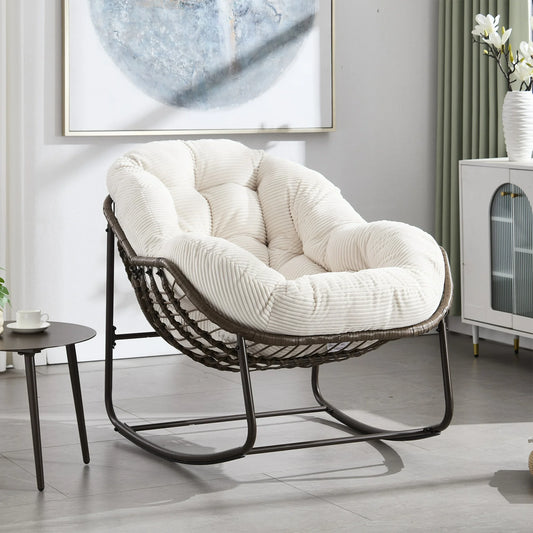 Papasan Rocking Chair Indoor and Outdoor, Patio Rocker Recliner Chair with Padded Cushion, Modern Lounge Egg Chair with Steel, Rattan Frame, Velvet White