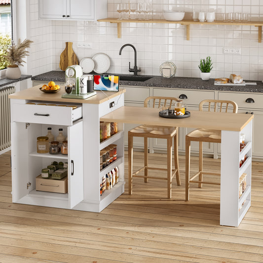 Large Extendable Kitchen Island for Family Use, Dining Table and Breakfast Bar with Storage Drawers, Cabinet Doors and Open Shelves, Ideal for Kitchen and Dining Room, White
