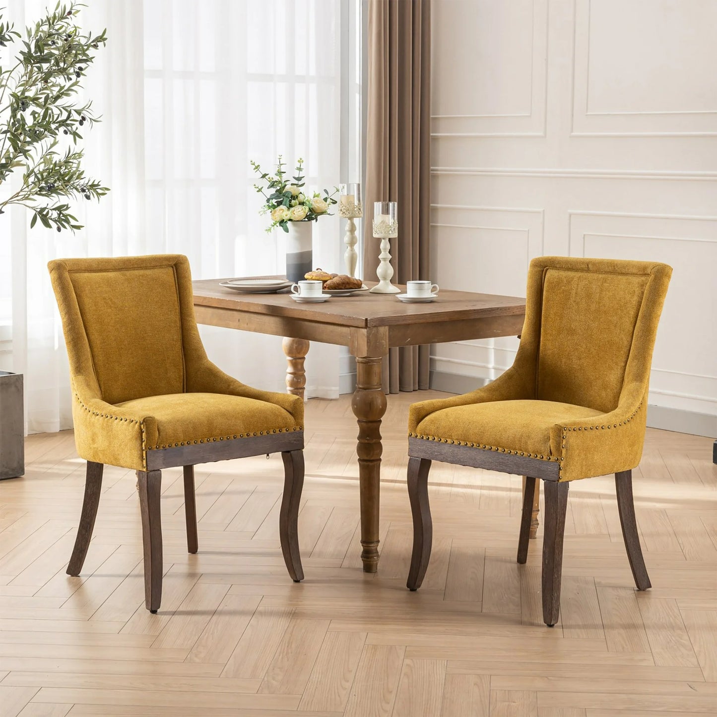 PORKISS Dining Chairs Set of 2, Thickened Fabric Chairs with Solid Wood Legs, Modern Upholstered Dining Chairs, Beige
