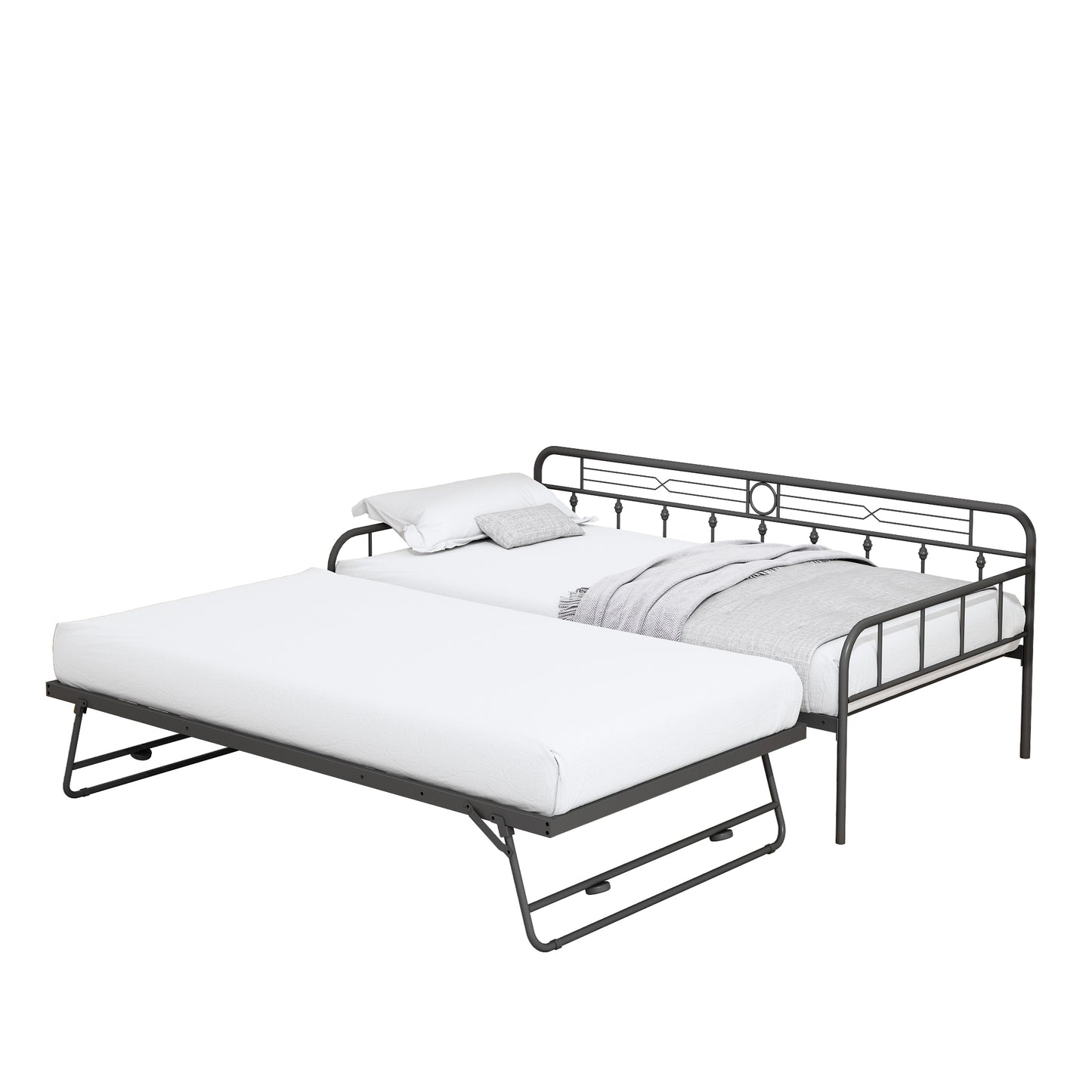 Sesslife Metal Daybed with Adjustable Trundle, Twin Size Daybed with Twin Size Pop Up Trundle Bed, Heavy-Duty Sofa Bed with Portable Folding Trundle Bed for Bedroom Living Room （Black)