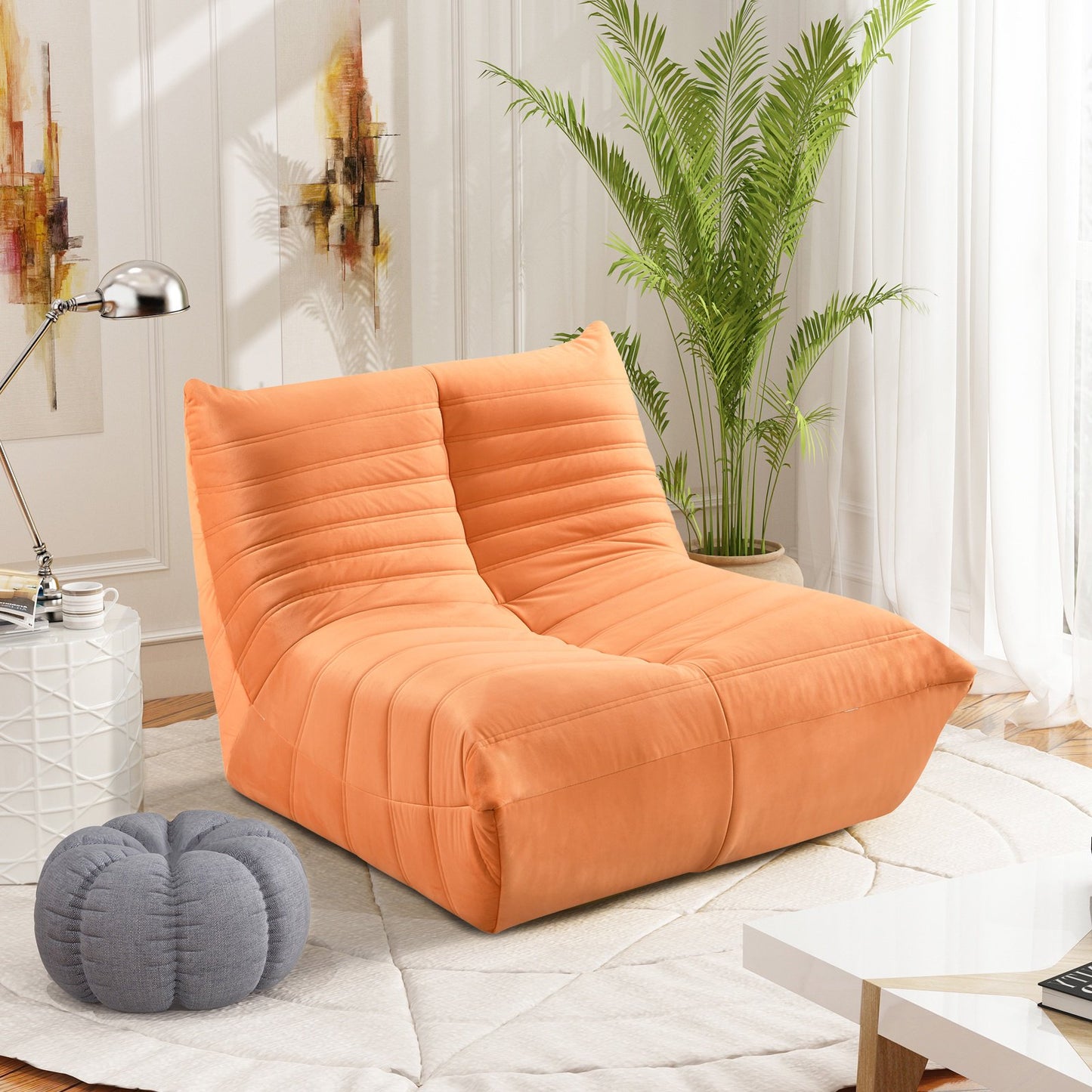 PORKISS Oversized Foam Bean Bag Chair for Adults, Flannelette Fabric Fireside Chair, Lazy Floor Sofa Couch with Ergonomic Support, Orange