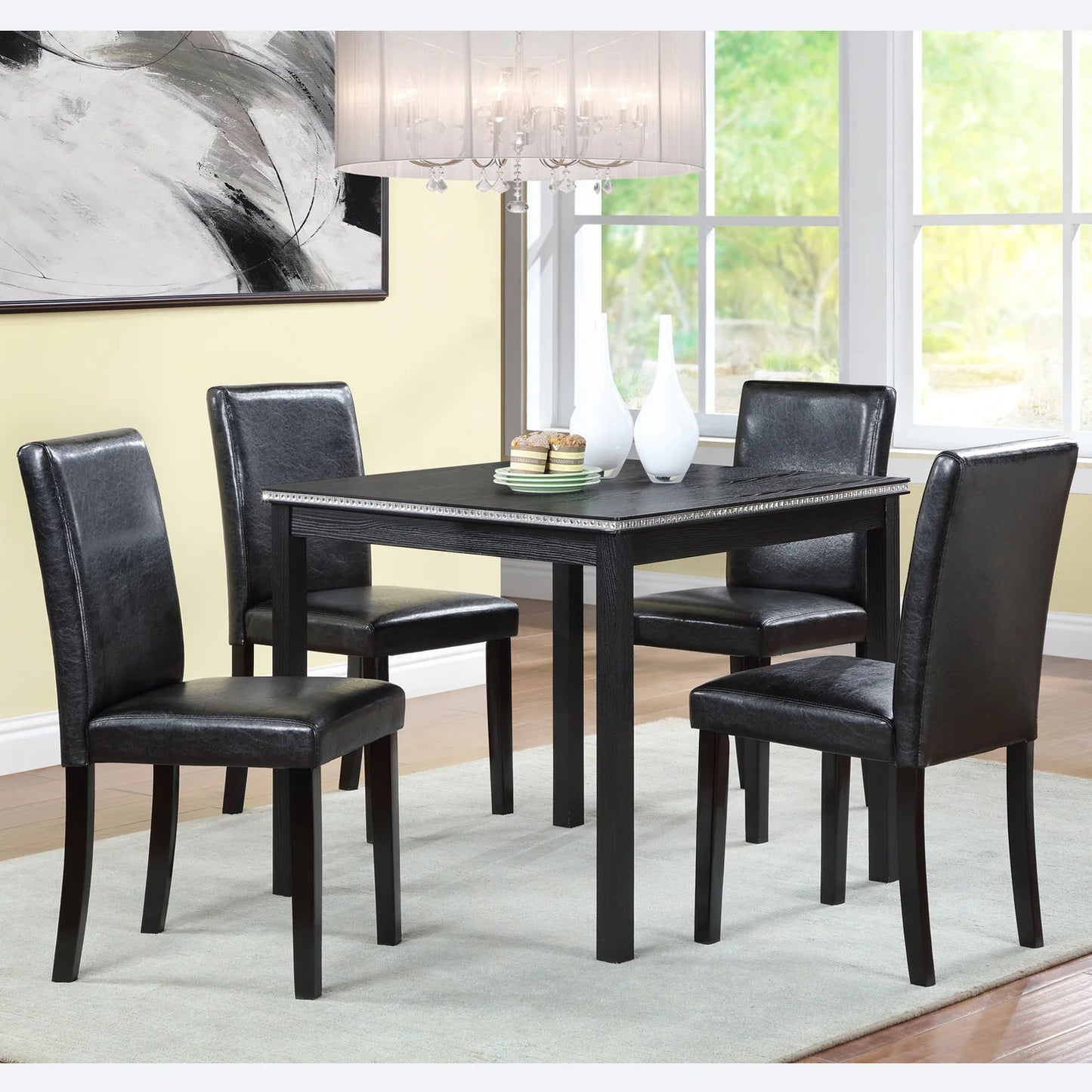 PORKISS Dining Table Set for 4, Dining Room Set with 1 Square Table 4 Upholstered Chairs, Black