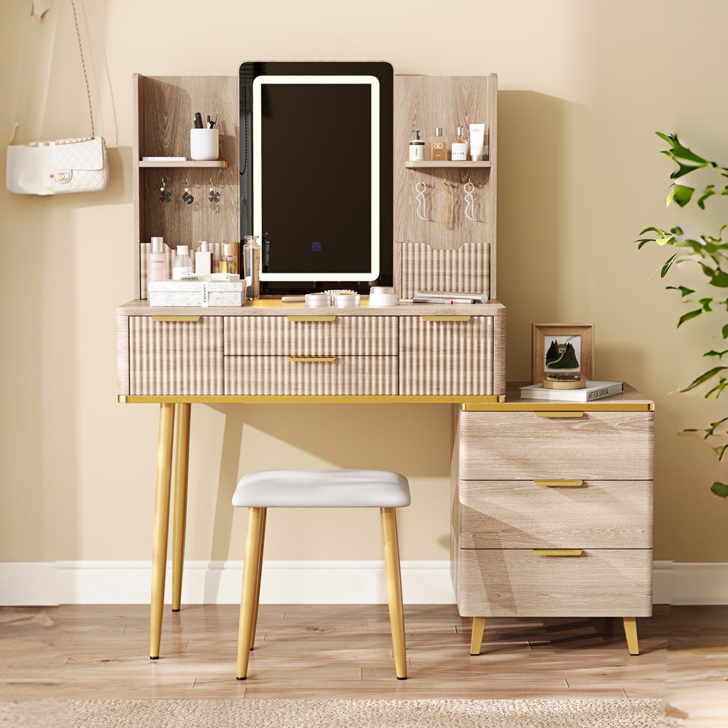 Vanity Table with Mirror and PU Stool, SESSLIFE 4-Drawer Carved Makeup Desk with LED Lighting, Elegant Dressing Table for Bedroom, Compact Design, Yellow Brown