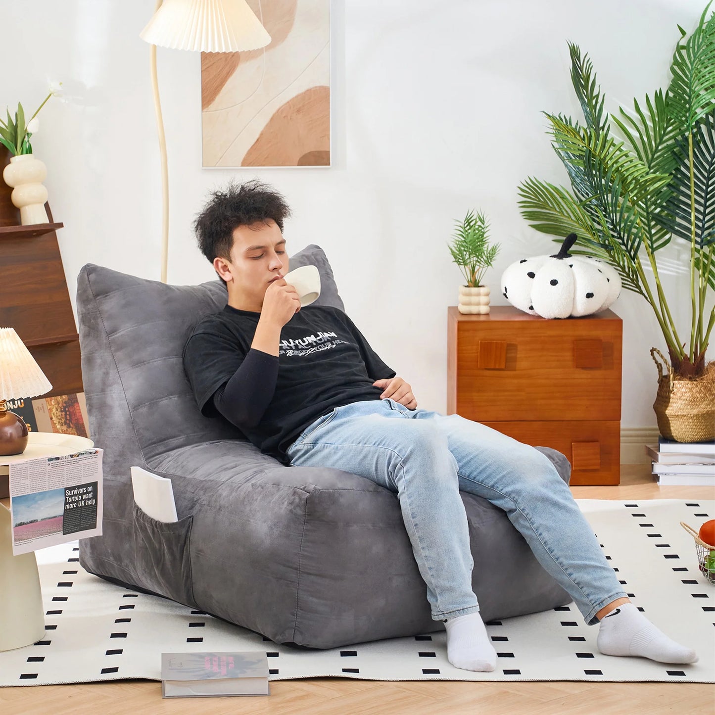 PORKISS Bean Bag Chairs, Lazy Sofa with Suede Fabric for Dorm Bedroom Living Room, Single Leisure Accent Sofa Chair for Adults Teens, Yellow Brown
