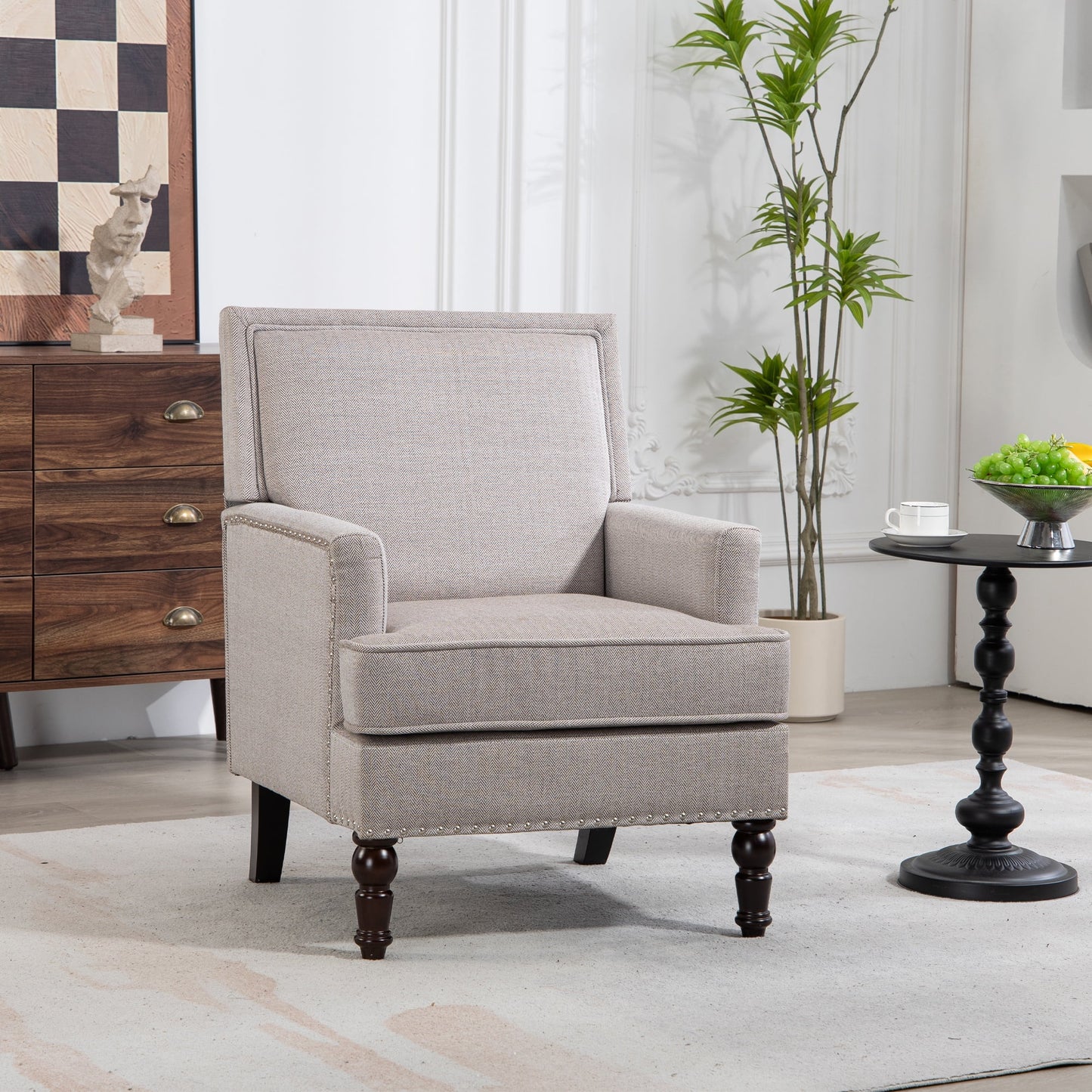 Mid-Century Accent Chair, Modern Arm Chair Linen Fabric Upholstered Comfy Reading Accent Chair with Solid Wood Frame for Living Room Bedroom Sunroom, Blue and White