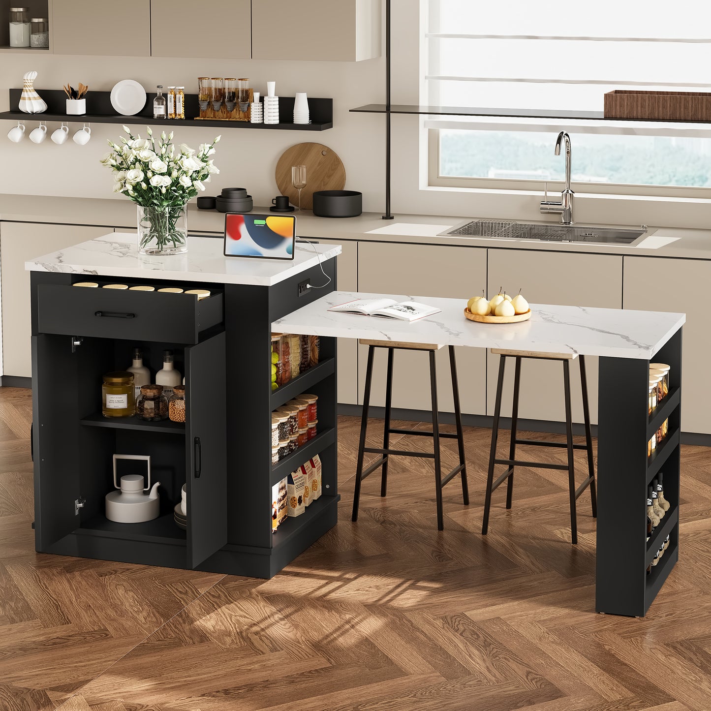 Large Extendable Kitchen Island for Family Use, Dining Table and Breakfast Bar with Storage Drawers, Cabinet Doors and Open Shelves, Ideal for Kitchen and Dining Room, White