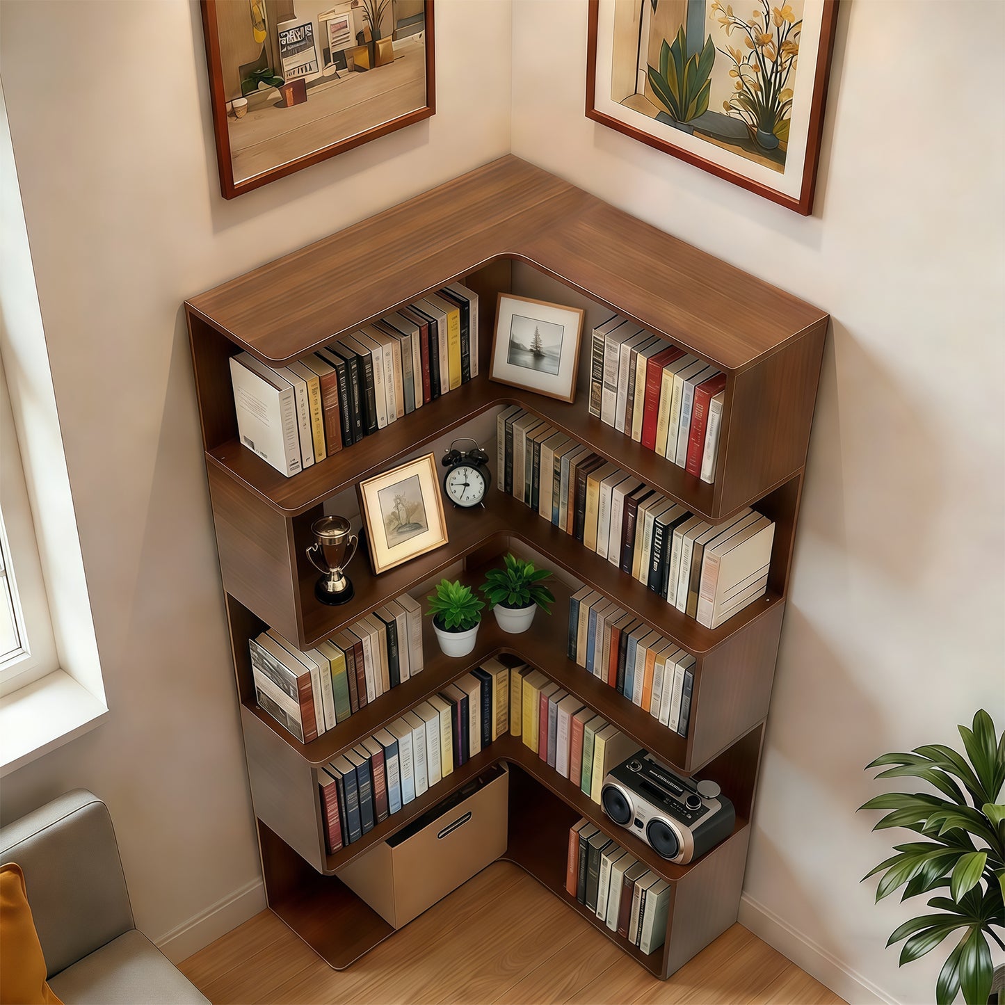 SESSLIFE 6 Tier Corner Bookshelf, 66" Tall L-Shaped Corner Shelf with Baffle, Freestanding Open Display Bookcase for Living Room, Bedroom, Home Office, Walnut