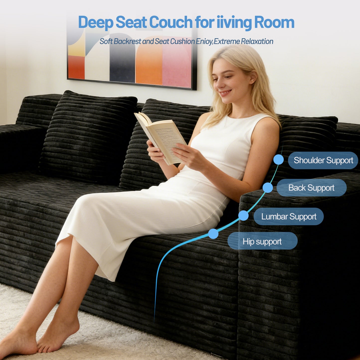 SESSLIFE Corduroy 3 Seater Sofa Couch, Deep Seat Comfy Loveseat Sofa with Foam Cushion, No Assembly Required Couch for Apartment, Bedroom or Studio Living, Black