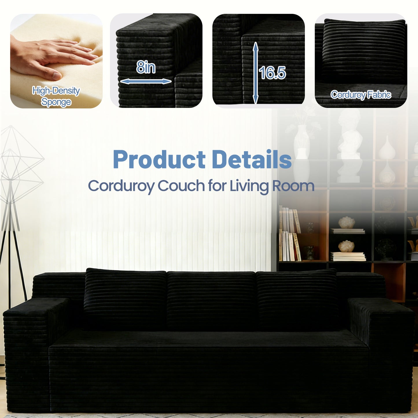 SESSLIFE Corduroy 3 Seater Sofa Couch, Deep Seat Comfy Loveseat Sofa with Foam Cushion, No Assembly Required Couch for Apartment, Bedroom or Studio Living, Black