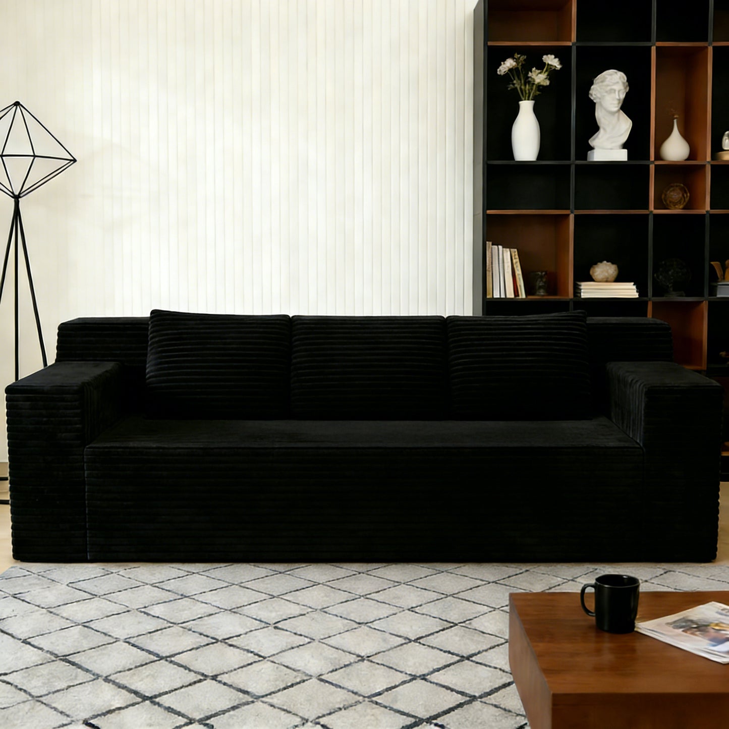 SESSLIFE Corduroy 3 Seater Sofa Couch, Deep Seat Comfy Loveseat Sofa with Foam Cushion, No Assembly Required Couch for Apartment, Bedroom or Studio Living, Black