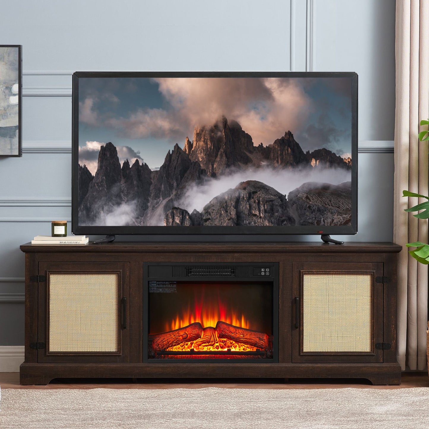 Sesslife Electric Fireplace TV Stand for 80 Inch TV, TV Console with 2 Storage Cabinets and 2 Rattan Doors, Farmhouse Media Entertainment Center Television Table for Living Room Bedroom, Cherry