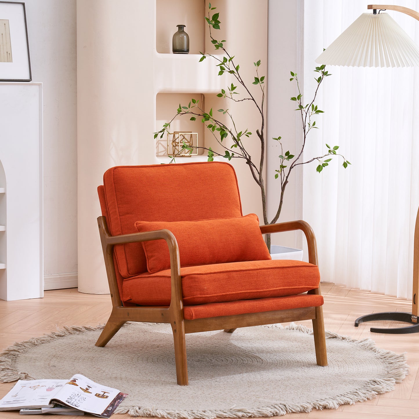 SESSLIFE Chaise Lounge Chair for Living Room, Comfortable Oversized Sleeper Chair with Solid Wood Frame and Soft Linen Upholstery, Orange