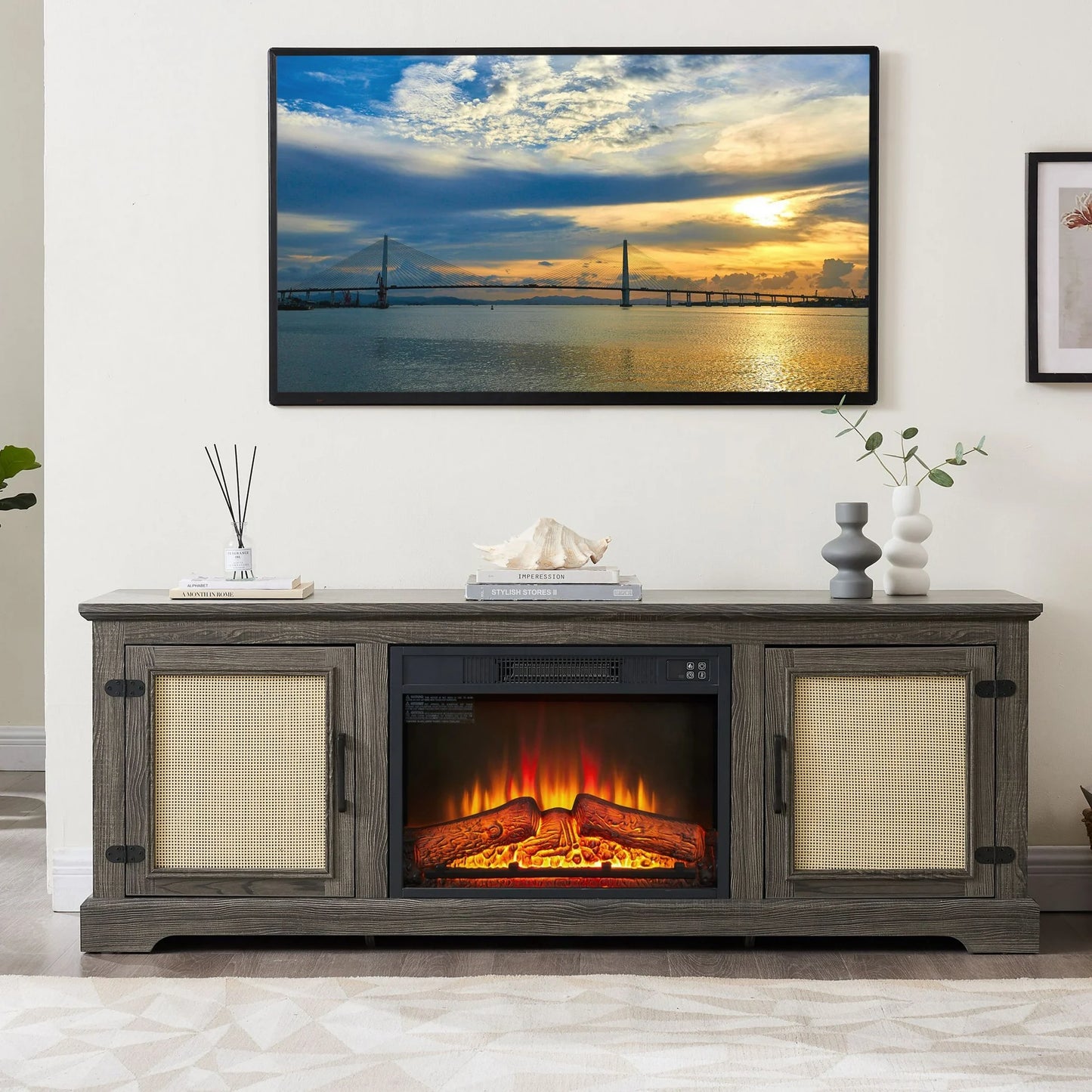 Sesslife Electric Fireplace TV Stand for 80 Inch TV, TV Console with 2 Storage Cabinets and 2 Rattan Doors, Farmhouse Media Entertainment Center Television Table for Living Room Bedroom, Cherry