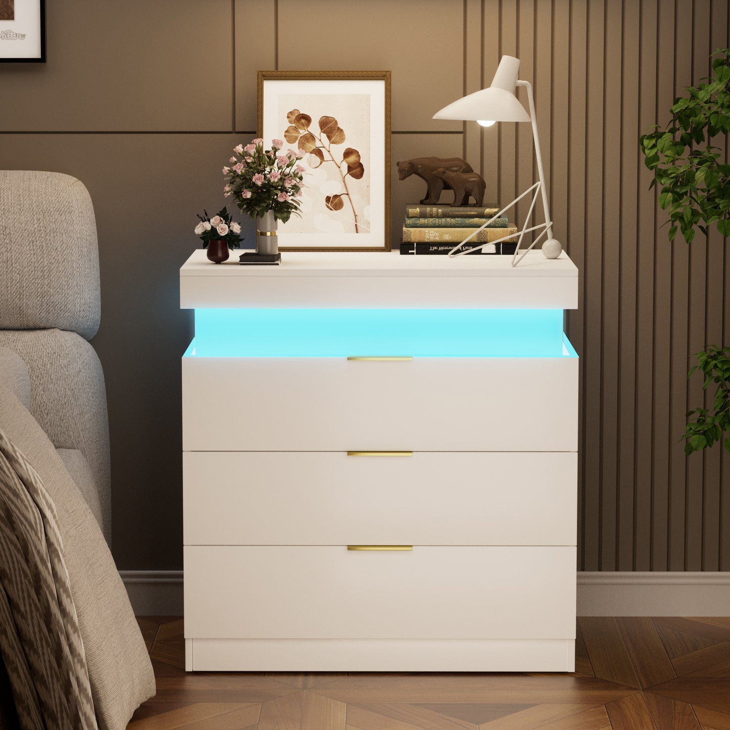 SESSLIFE Modern LED Nightstand with App and Remote Control, RGB LED Night Stand with Hidden Charging Station, Sliding Top and Drawers for Bedroom, White