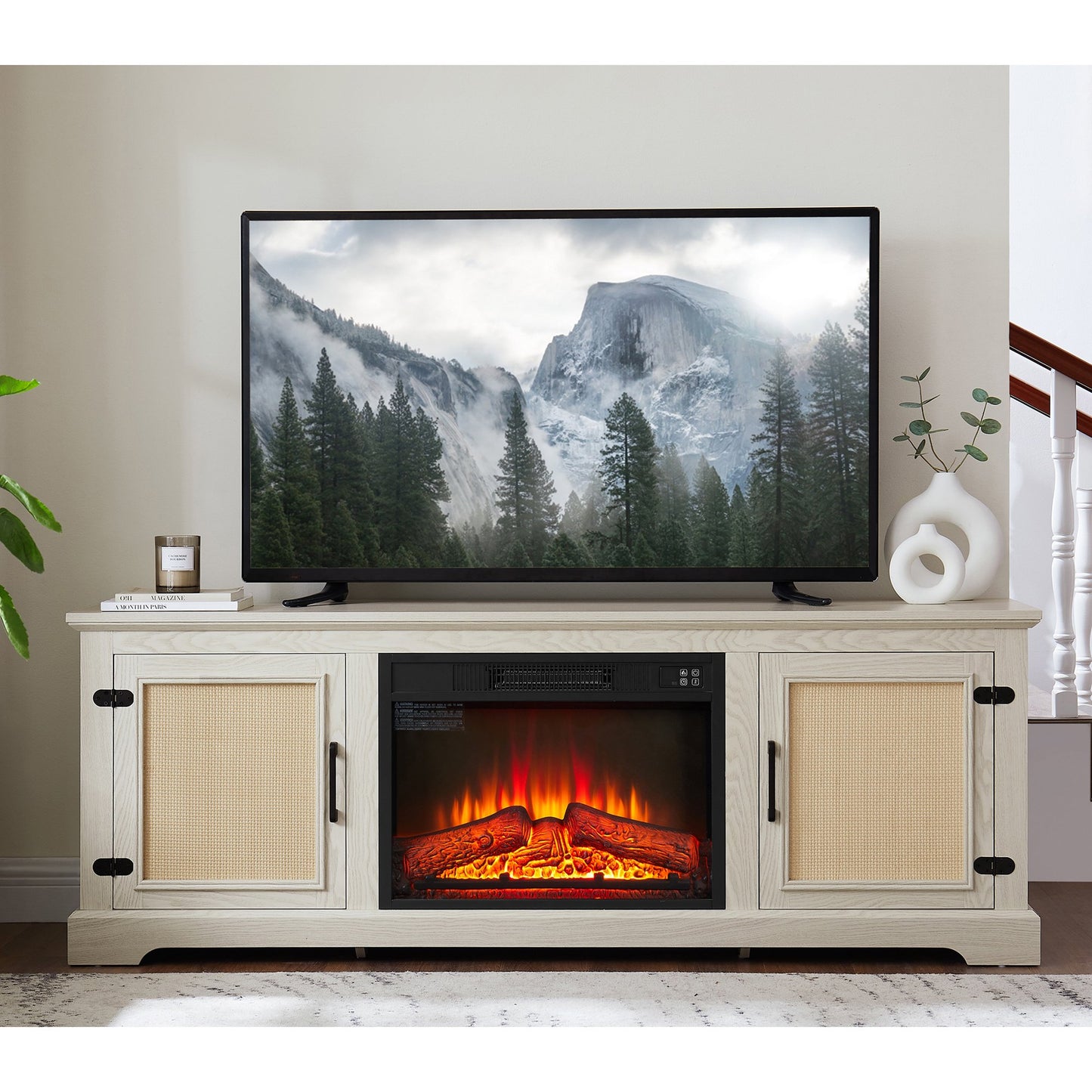 Sesslife Electric Fireplace TV Stand for 80 Inch TV, TV Console with 2 Storage Cabinets and 2 Rattan Doors, Farmhouse Media Entertainment Center Television Table for Living Room Bedroom, Cherry