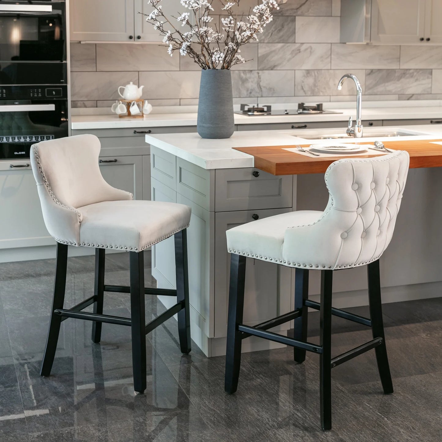 PORKISS Dining Chairs Set of 2, Thickened Fabric Chairs with Solid Wood Legs, Modern Velvet Upholstered Dining Chairs, Leisure Style Bar Chairs, Beige