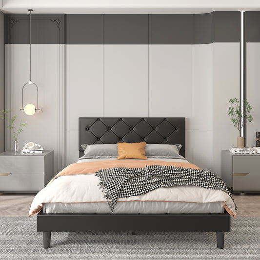 SESSLIFE Black Queen Faux Leather Bed Frame, Queen Platform Bed w/ Headboard, Adults Kids Modern Bed Frame, Mattress Foundation, No Box Spring Needed, Easy Assembly