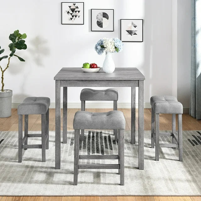 PORKISS 5 Piece Dining Table Set, Rustic Bar Table Set with Table 4 Upholstered Stools, White+Black