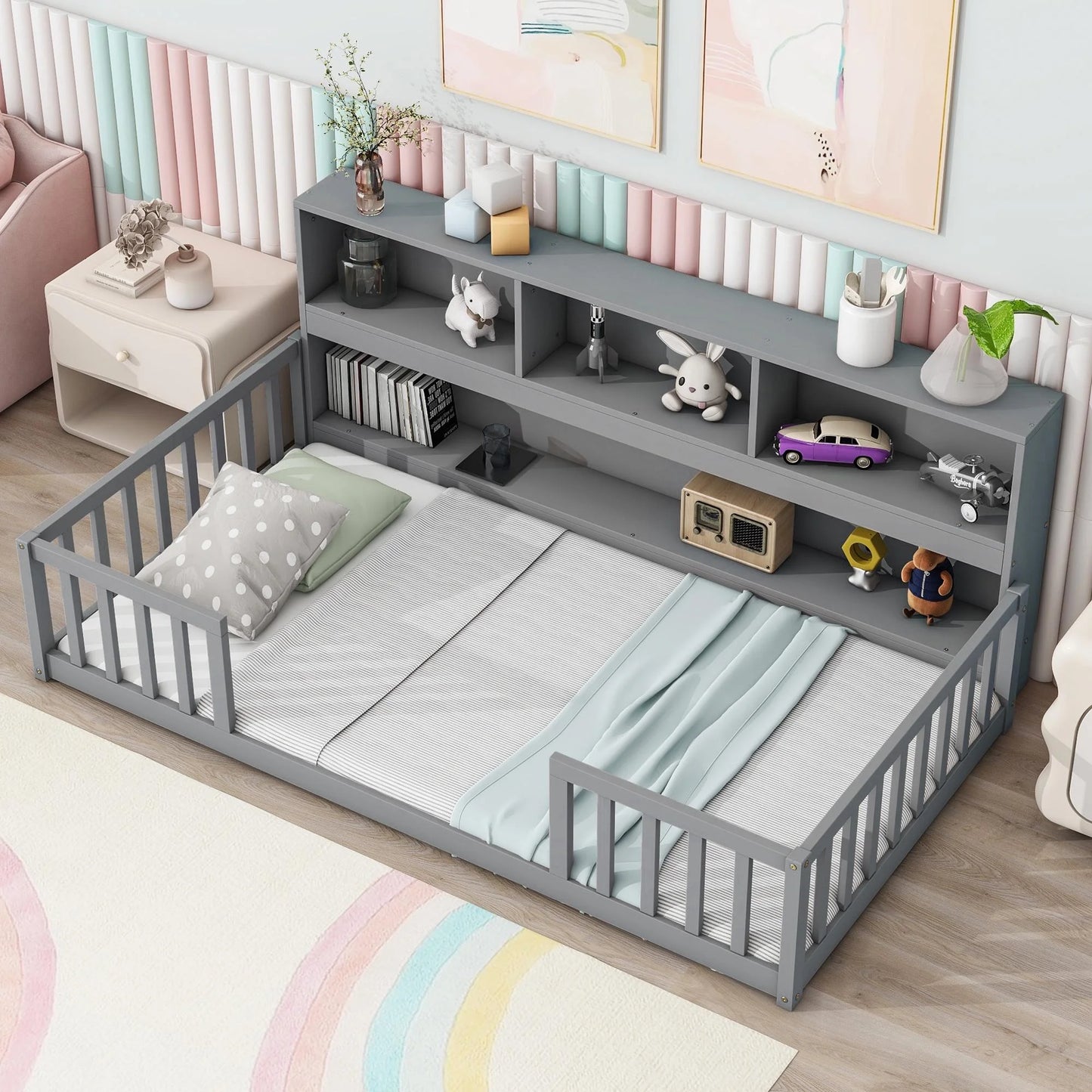 PORKISS Twin Size Floor Bed, Kids Wood Bed with Shelves, Fence, Wood Montessori Floor Bed, White