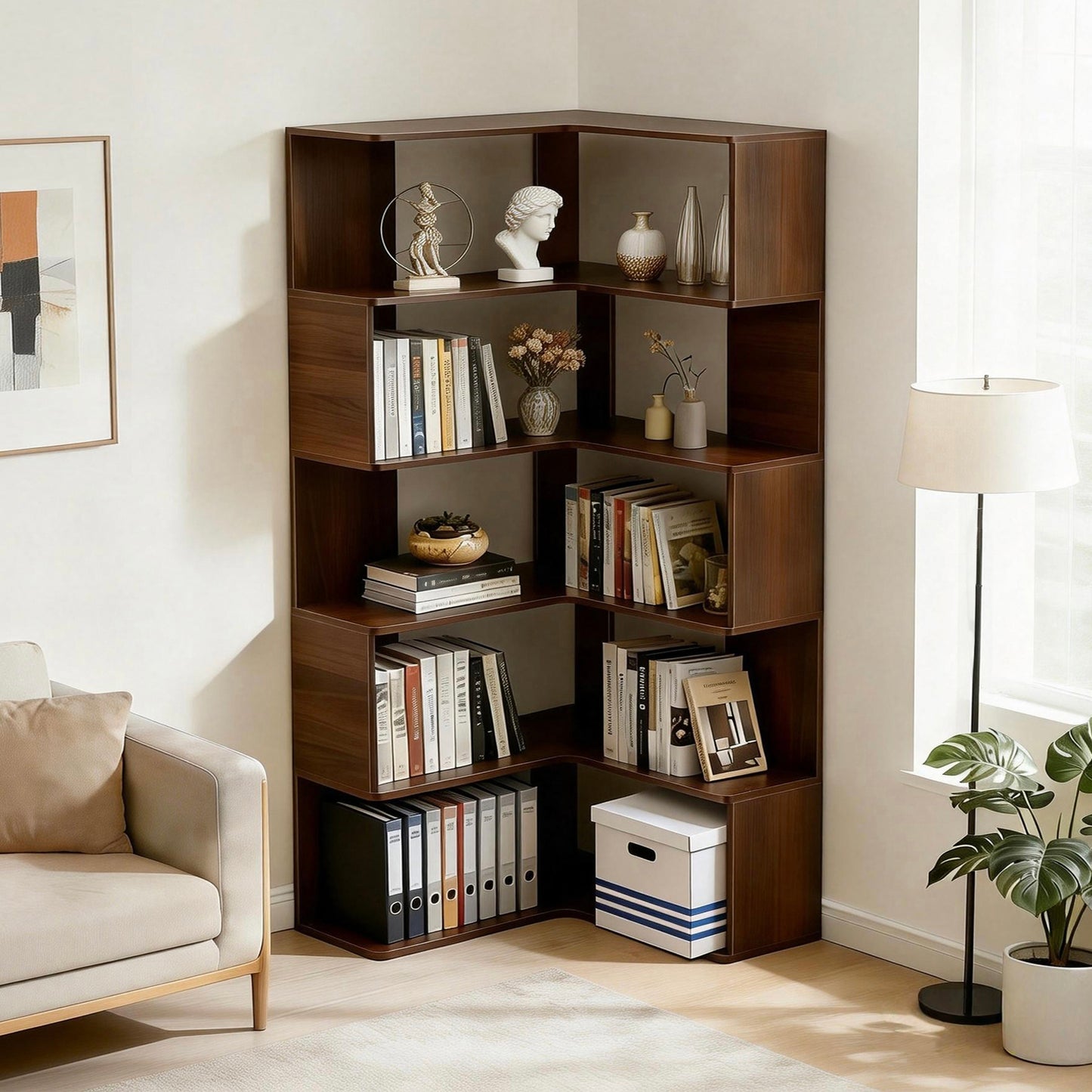 SESSLIFE 6 Tier Corner Bookshelf, 66" Tall L-Shaped Corner Shelf with Baffle, Freestanding Open Display Bookcase for Living Room, Bedroom, Home Office, Walnut