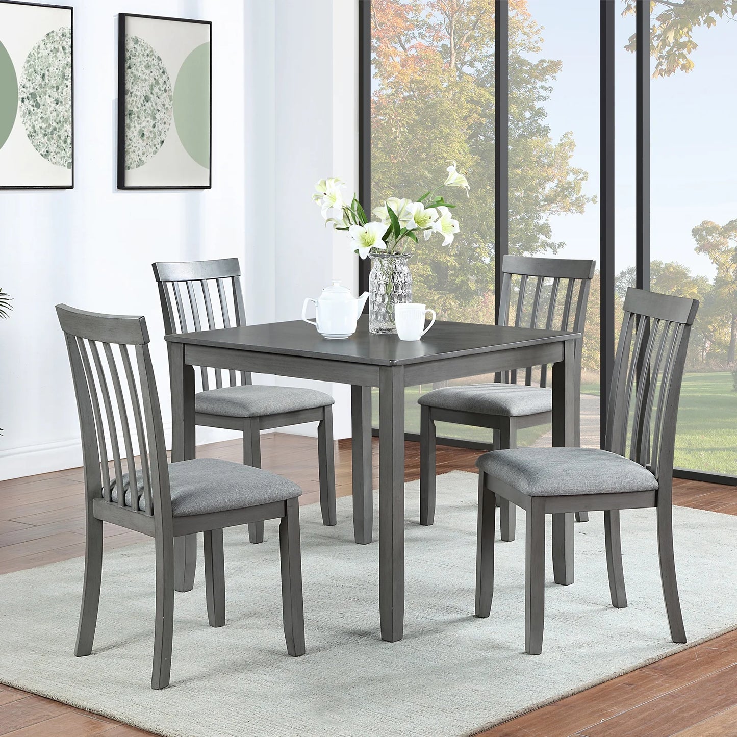 PORKISS Dining Table Set for 4, 5 Piece Dining Room Set with 1 Wood Table 4 Upholstered Chairs, Gray