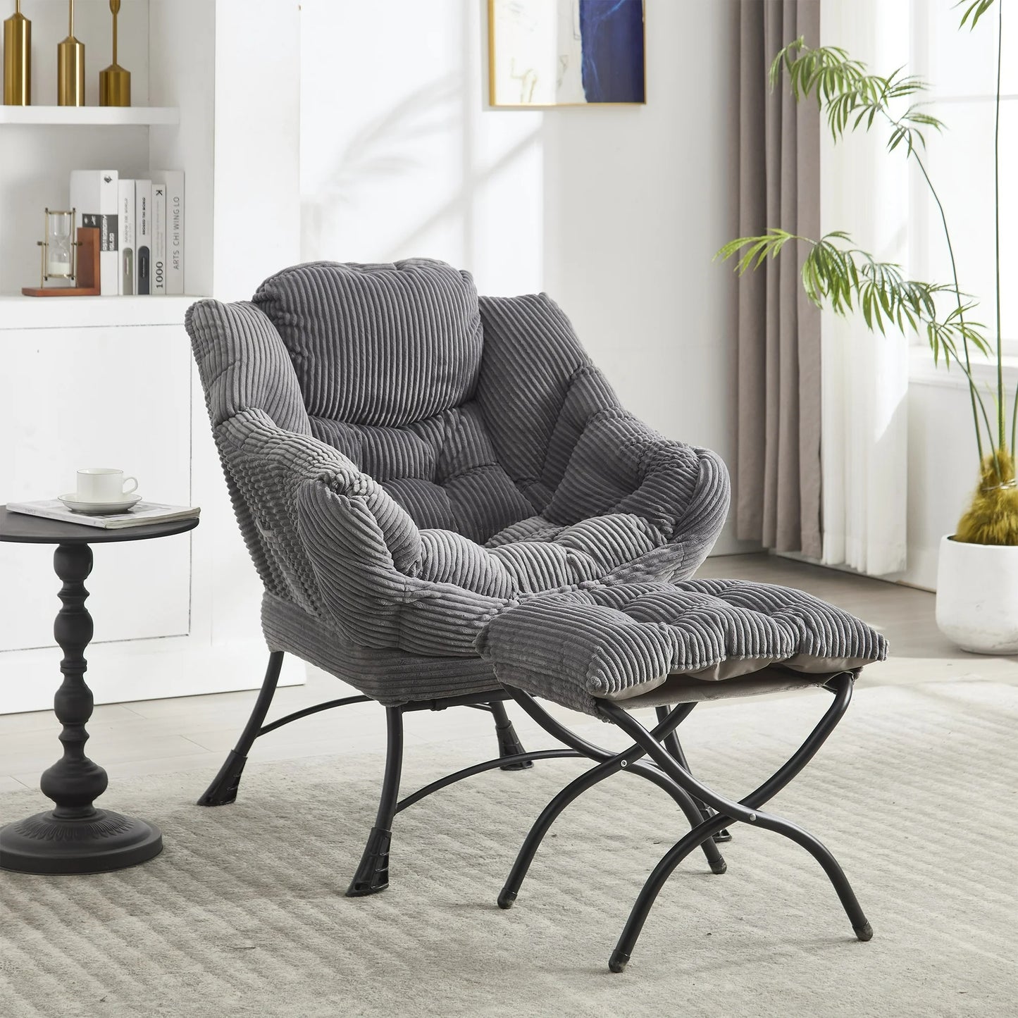 PORKISS Accent Chair with Ottoman, Modern Soft Flannelette PP Cotton Lazy Sofa Armchair for Small Space, White
