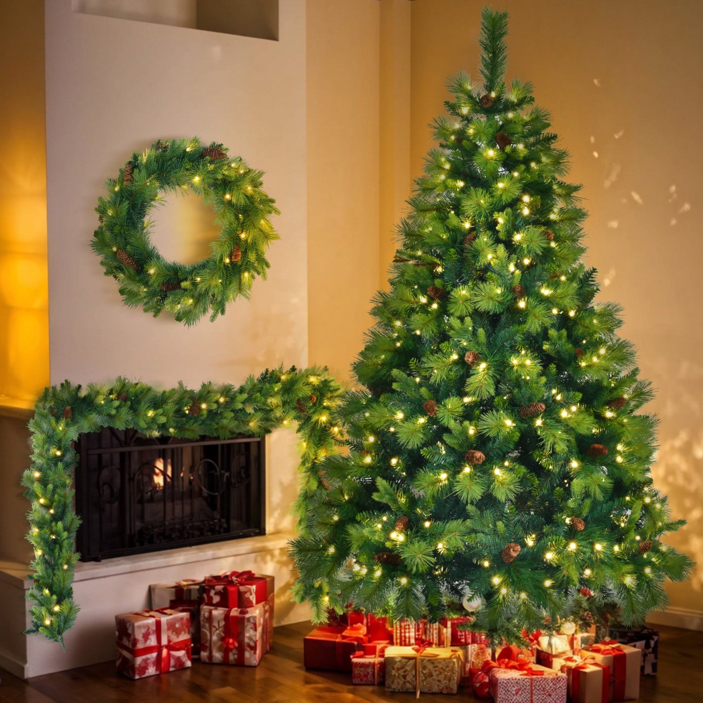 Sesslife 6FT Christmas Pine Tree Set with Garland and Wreath, Indoor Xmas Tree with Lush Branch Tips, LED Lights and Pine Cones, Artificial Christmas Tree with Metal Base for Holiday Decor, Green