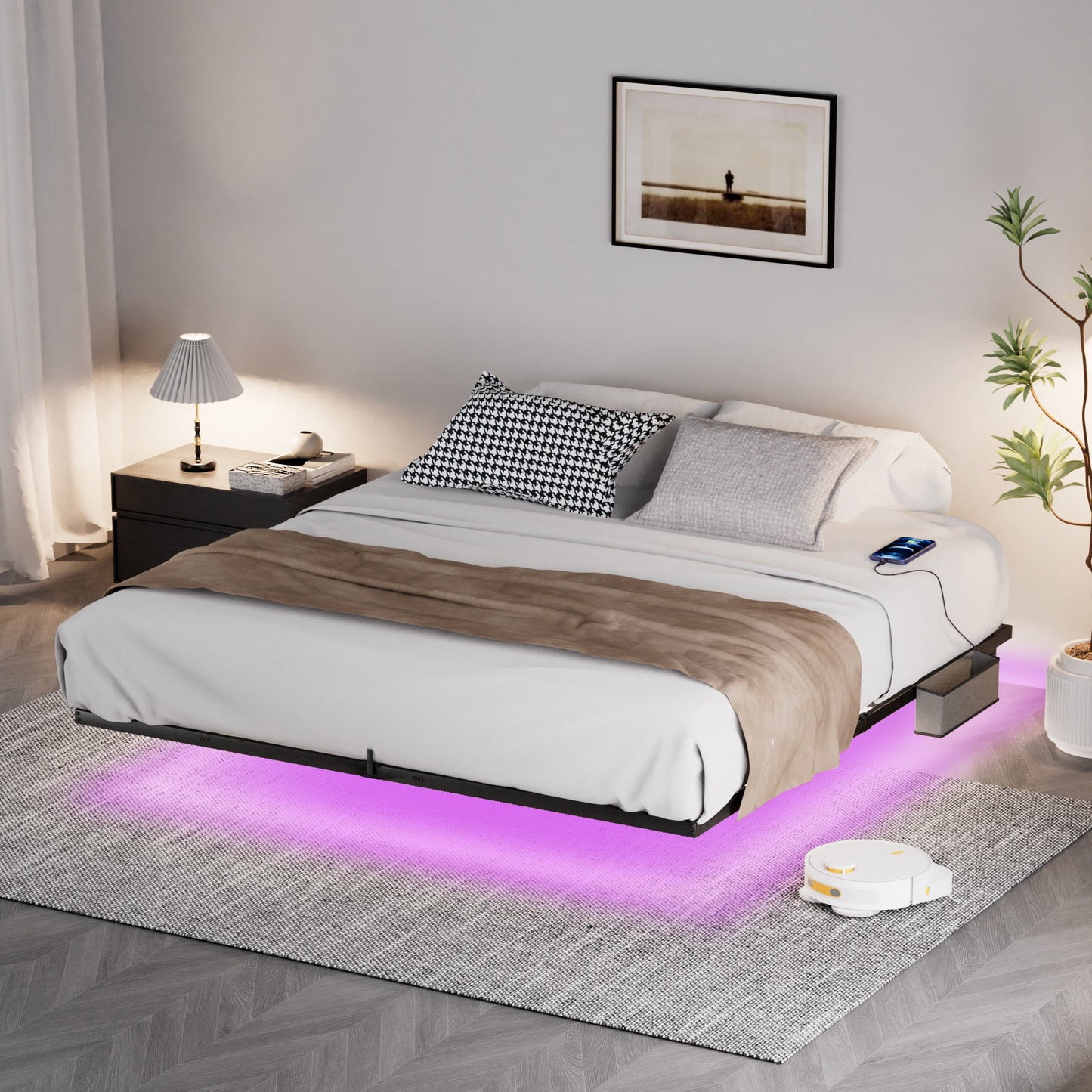 PORKISS Floating Bed Frame with LED Lights and Charging Station, Queen Size Metal Platform Bed with Storage Bag, Black