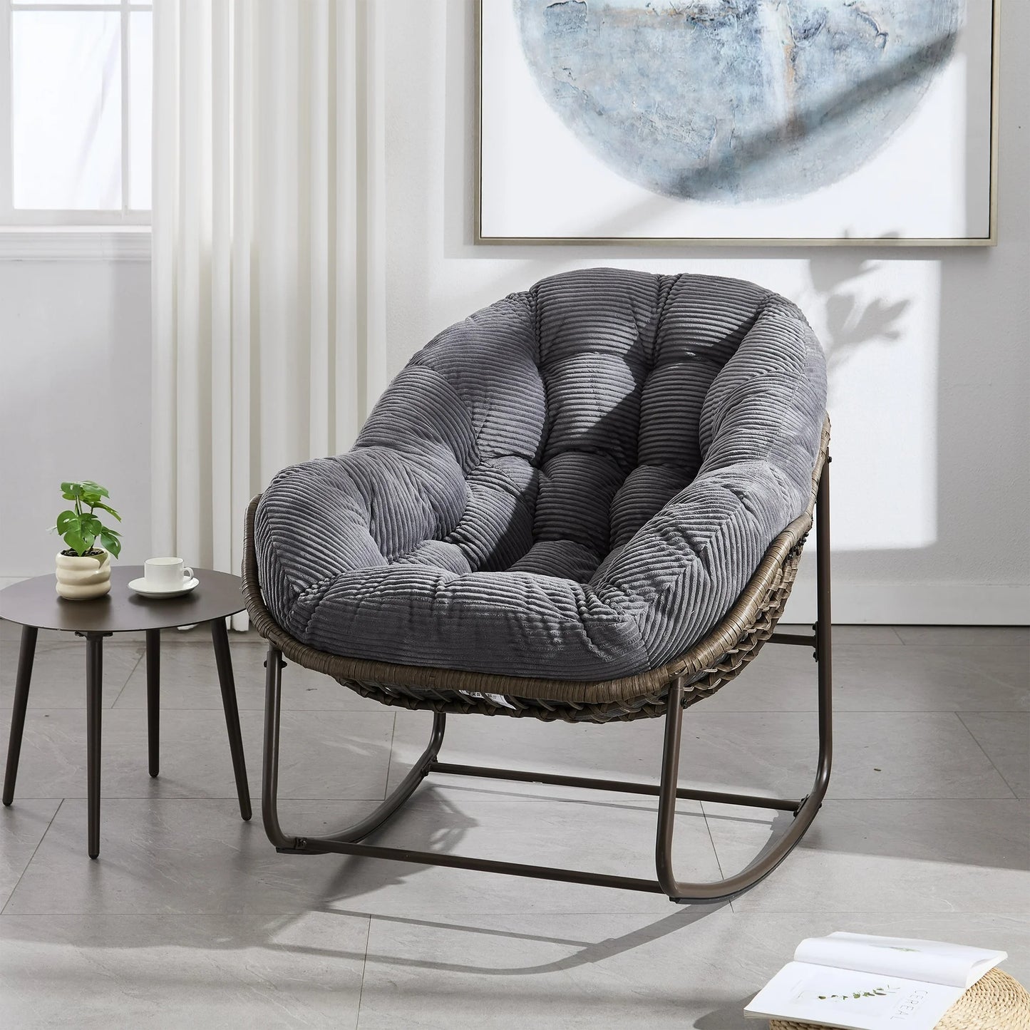 Papasan Rocking Chair Indoor and Outdoor, Patio Rocker Recliner Chair with Padded Cushion, Modern Lounge Egg Chair with Steel, Rattan Frame, Velvet White