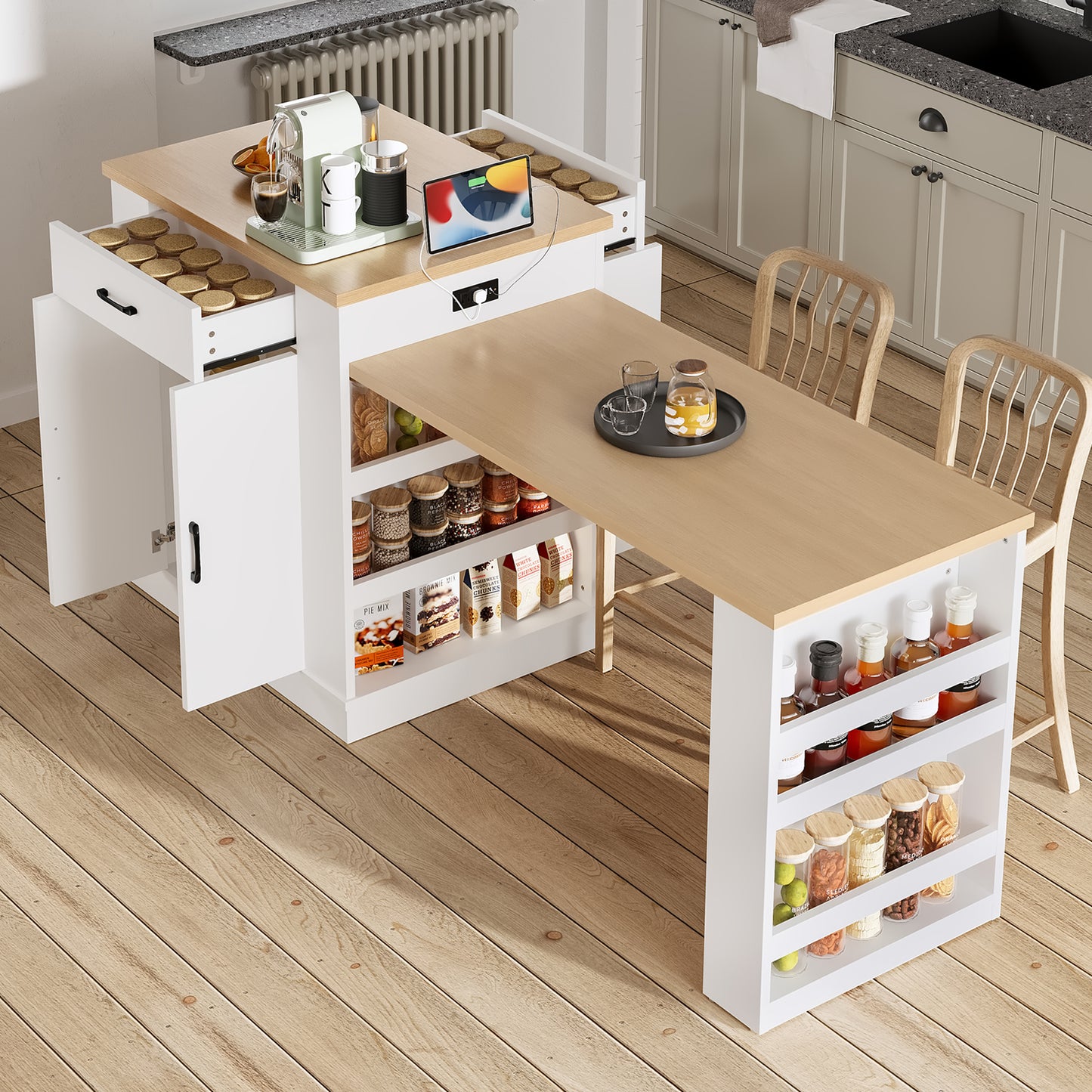 Large Extendable Kitchen Island for Family Use, Dining Table and Breakfast Bar with Storage Drawers, Cabinet Doors and Open Shelves, Ideal for Kitchen and Dining Room, White